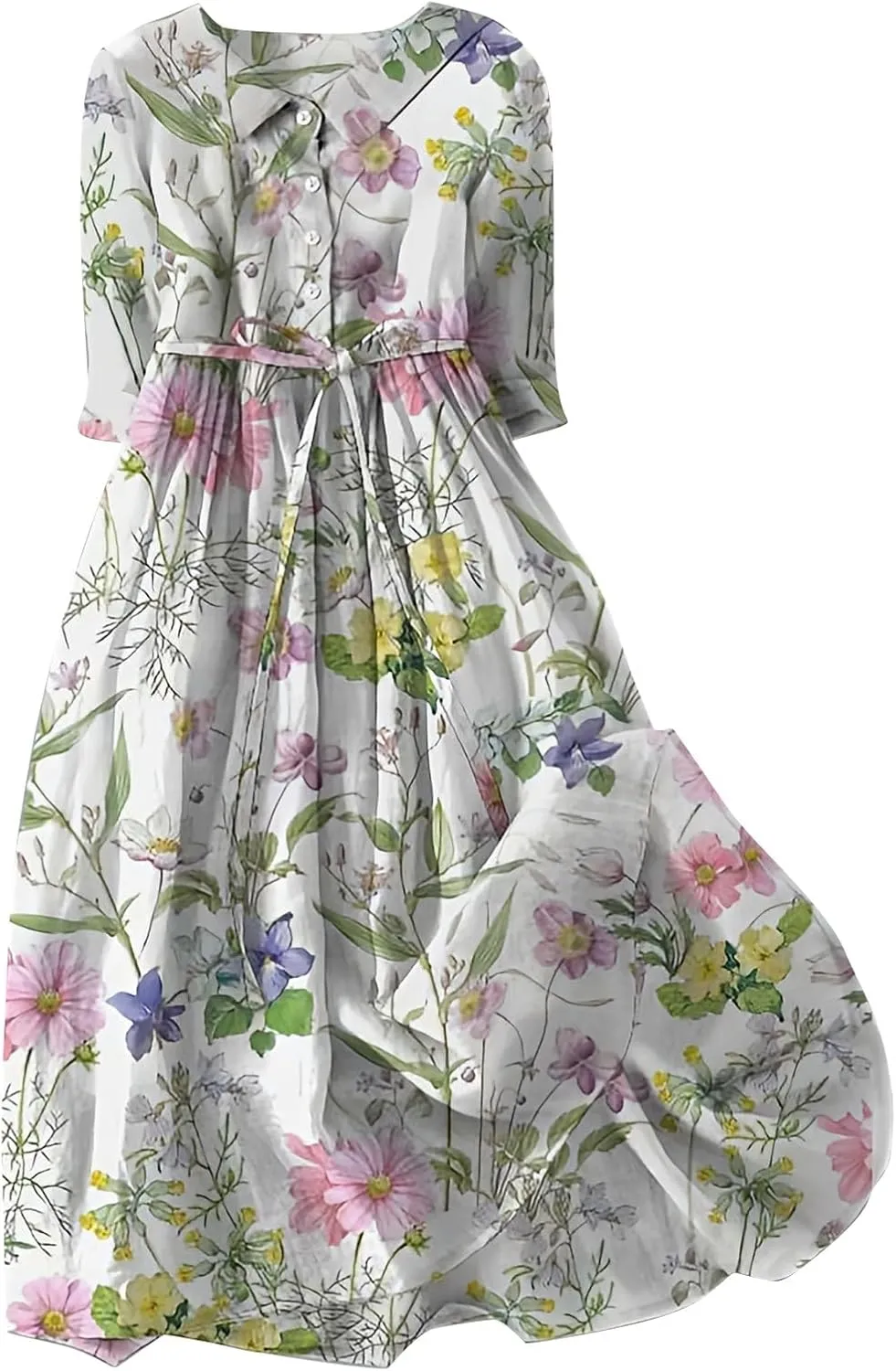 Boho Floral Dress for Women Short Sleeve Plus Size Korean Style Dresses Fashion Button Up Lapel Collar Flowy Dress
