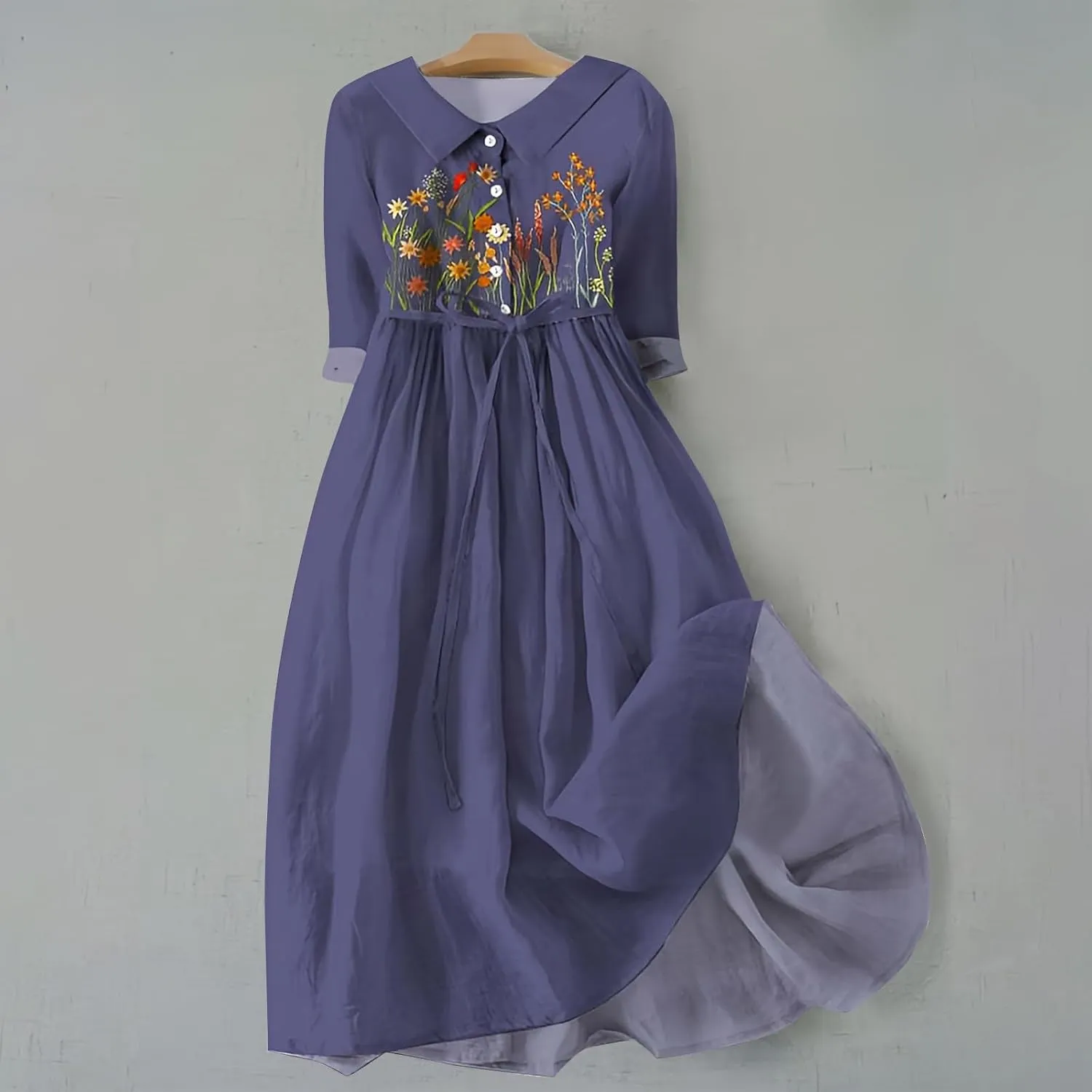 Boho Floral Dress for Women Short Sleeve Plus Size Korean Style Dresses Fashion Button Up Lapel Collar Flowy Dress