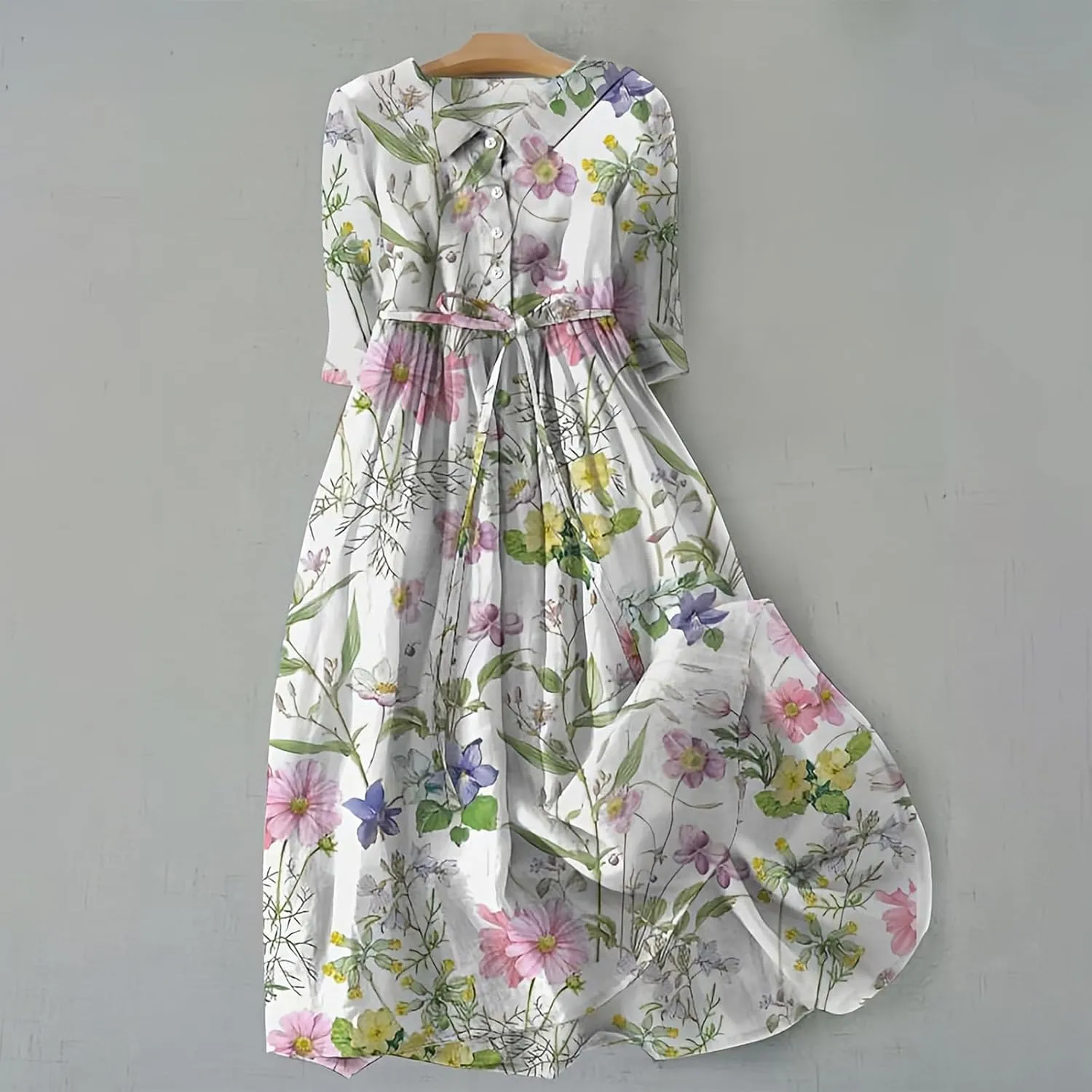 Boho Floral Dress for Women Short Sleeve Plus Size Korean Style Dresses Fashion Button Up Lapel Collar Flowy Dress