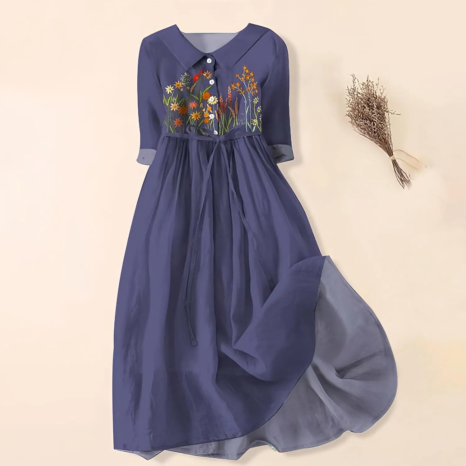 Boho Floral Dress for Women Short Sleeve Plus Size Korean Style Dresses Fashion Button Up Lapel Collar Flowy Dress