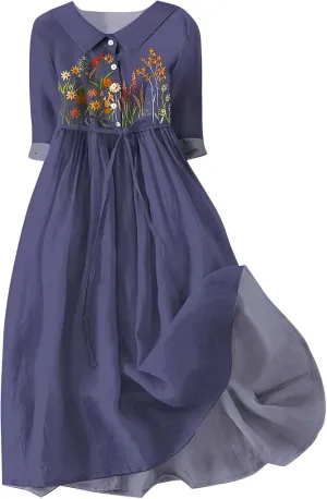 Boho Floral Dress for Women Short Sleeve Plus Size Korean Style Dresses Fashion Button Up Lapel Collar Flowy Dress