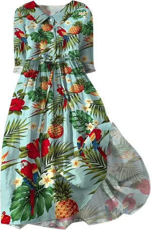 Boho Floral Dress for Women Short Sleeve Plus Size Korean Style Dresses Fashion Button Up Lapel Collar Flowy Dress