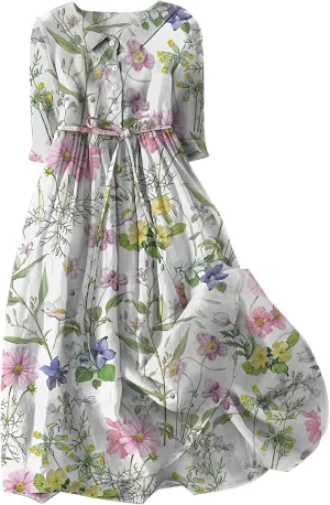 Boho Floral Dress for Women Short Sleeve Plus Size Korean Style Dresses Fashion Button Up Lapel Collar Flowy Dress