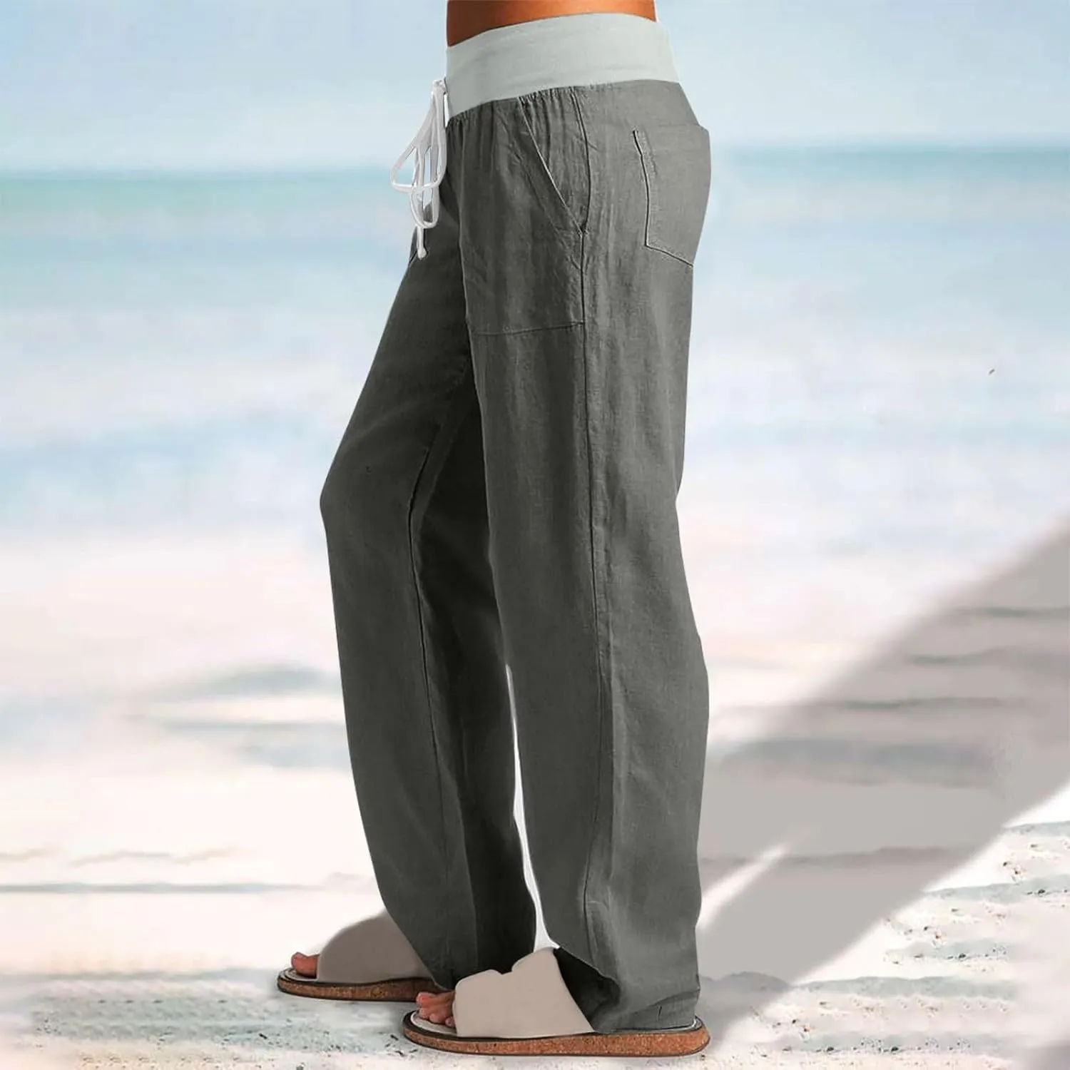 Cargo Pants Women with Flap Pockets High Waisted Side Tie Hem Straight Leg Drawstring Hiking Pants for Travel Joggers