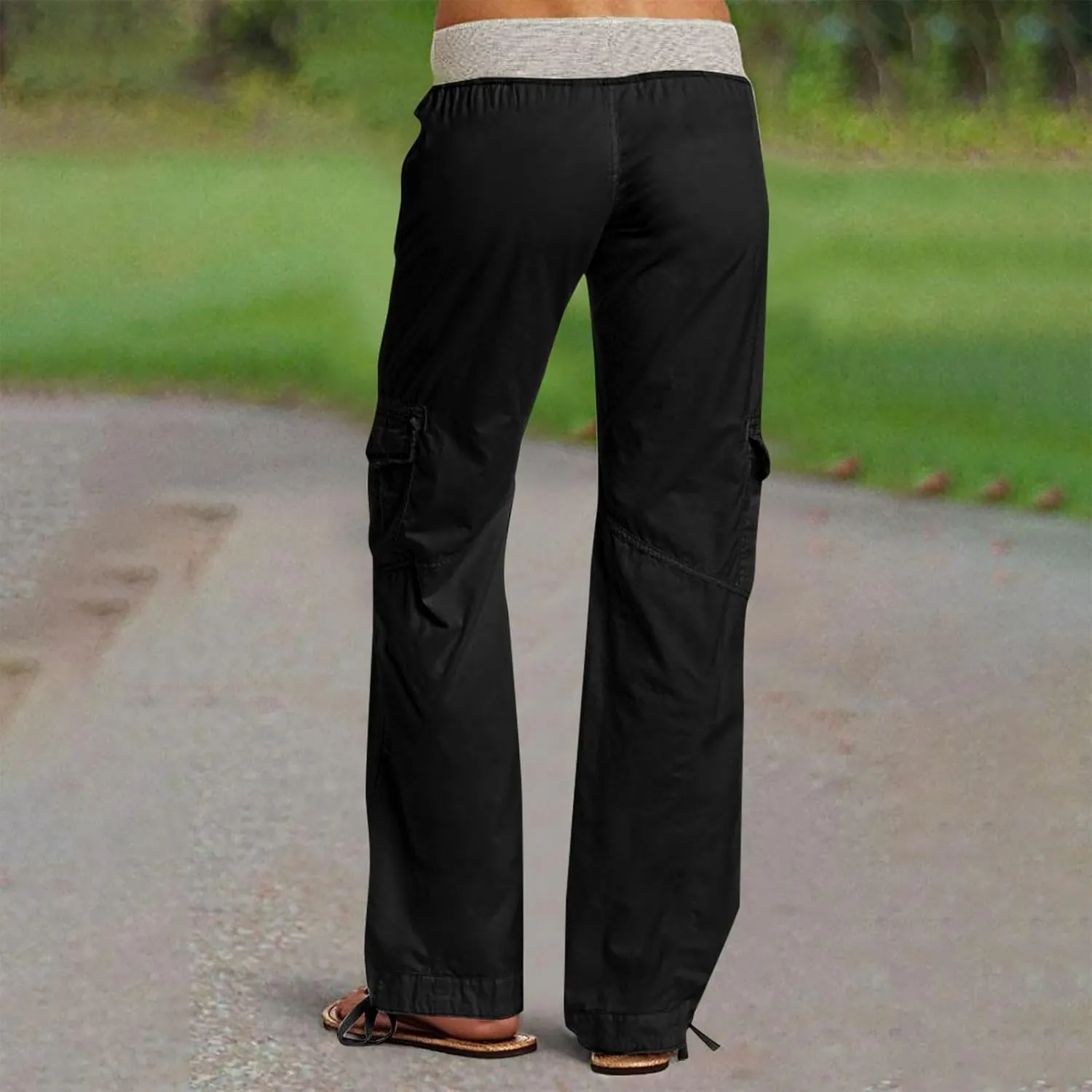 Cargo Pants Women with Flap Pockets High Waisted Side Tie Hem Straight Leg Drawstring Hiking Pants for Travel Joggers