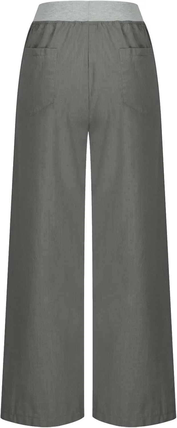 Cargo Pants Women with Flap Pockets High Waisted Side Tie Hem Straight Leg Drawstring Hiking Pants for Travel Joggers