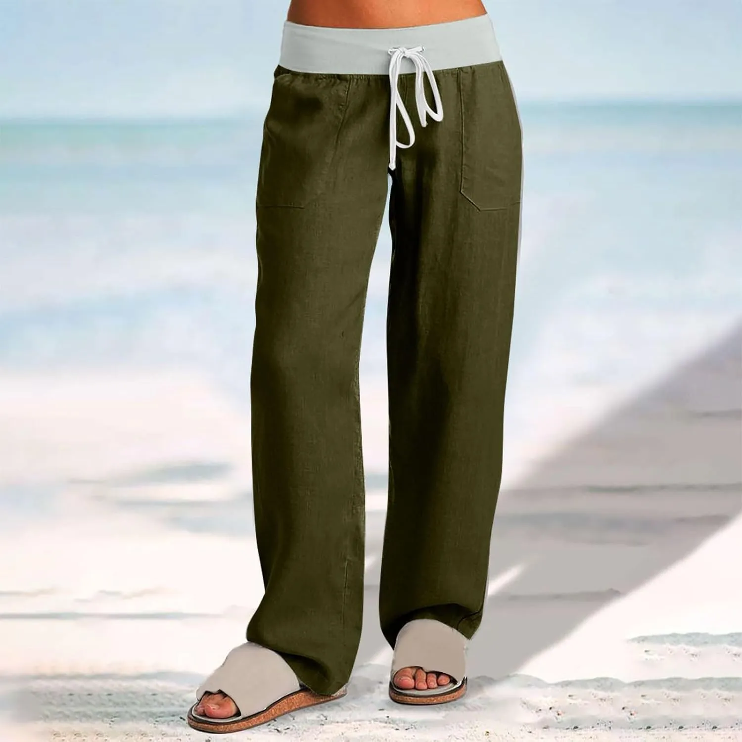 Cargo Pants Women with Flap Pockets High Waisted Side Tie Hem Straight Leg Drawstring Hiking Pants Travel Joggers