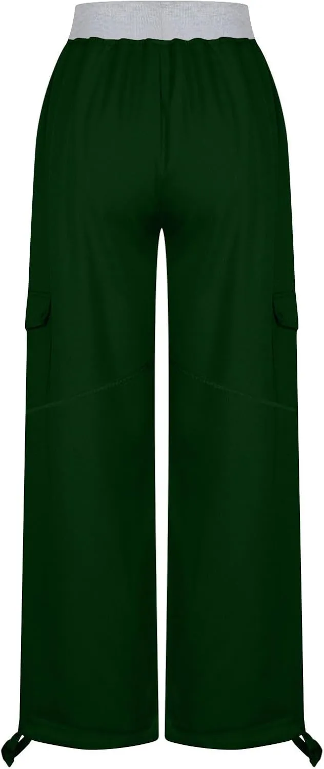 Cargo Pants Women with Flap Pockets High Waisted Side Tie Hem Straight Leg Drawstring Hiking Pants Travel Joggers