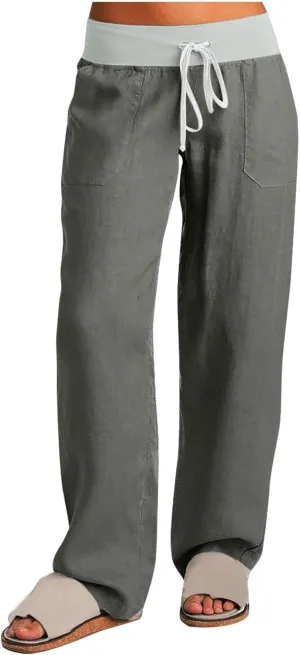 Cargo Pants Women with Flap Pockets High Waisted Side Tie Hem Straight Leg Drawstring Hiking Pants Travel Joggers