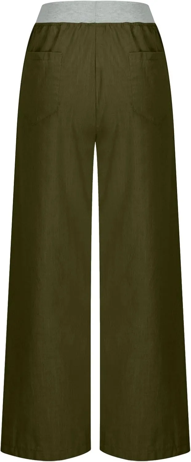 Cargo Pants Women with Flap Pockets High Waisted Side Tie Hem Straight Leg Drawstring Hiking Pants Travel Joggers
