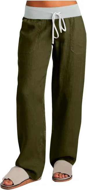 Cargo Pants Women with Flap Pockets High Waisted Side Tie Hem Straight Leg Drawstring Hiking Pants Travel Joggers