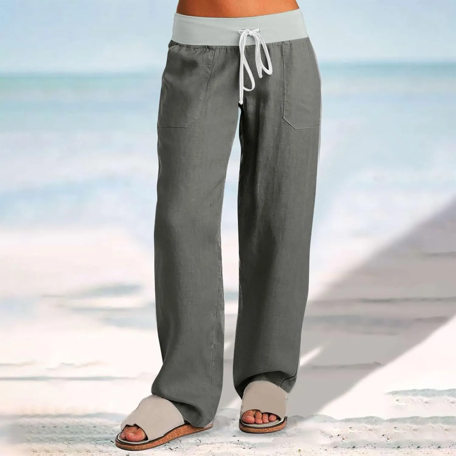 Cargo Pants Women with Flap Pockets High Waisted Side Tie Hem Straight Leg Drawstring Hiking Pants Travel Joggers