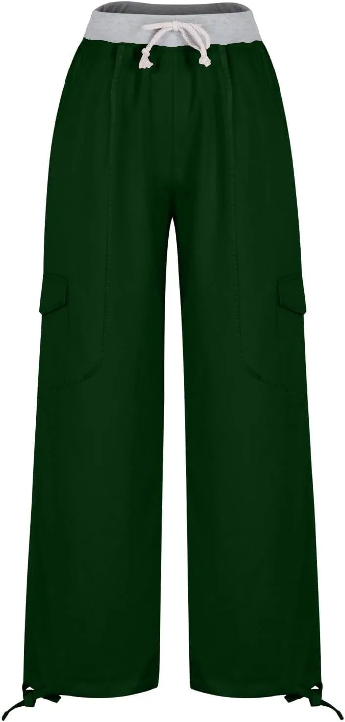 Cargo Pants Women with Flap Pockets High Waisted Side Tie Hem Straight Leg Drawstring Hiking Pants Travel Joggers