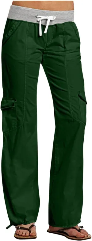 Cargo Pants Women with Flap Pockets High Waisted Side Tie Hem Straight Leg Drawstring Hiking Pants Travel Joggers