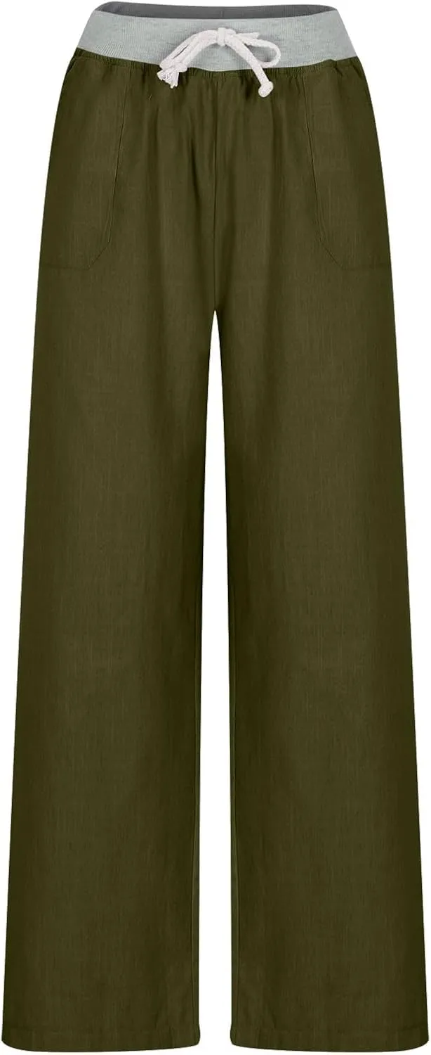 Cargo Pants Women with Flap Pockets High Waisted Side Tie Hem Straight Leg Drawstring Hiking Pants Travel Joggers