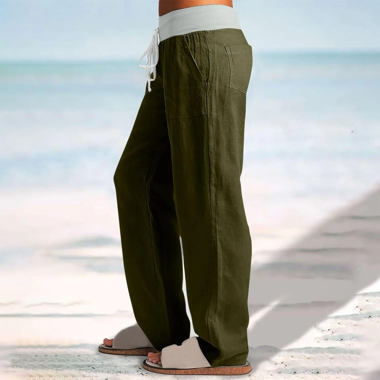 Cargo Pants Women with Flap Pockets High Waisted Side Tie Hem Straight Leg Drawstring Hiking Pants Travel Joggers
