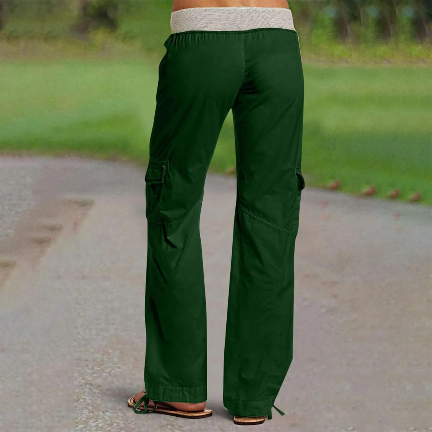 Cargo Pants Women with Flap Pockets High Waisted Side Tie Hem Straight Leg Drawstring Hiking Pants Travel Joggers