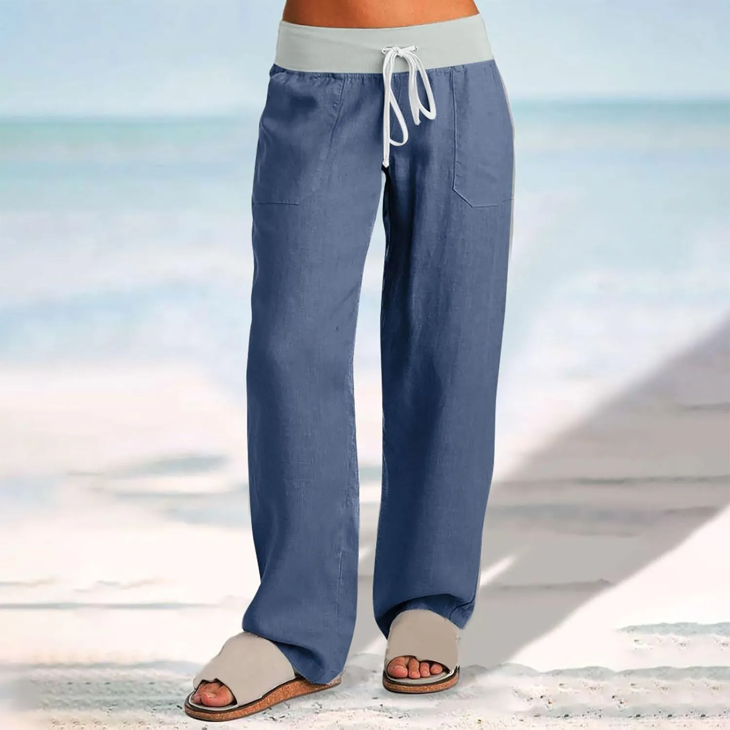 Cargo Pants Women with Flap Pockets High Waisted Side Tie Hem Straight Leg Drawstring Hiking Pants Travel Joggers