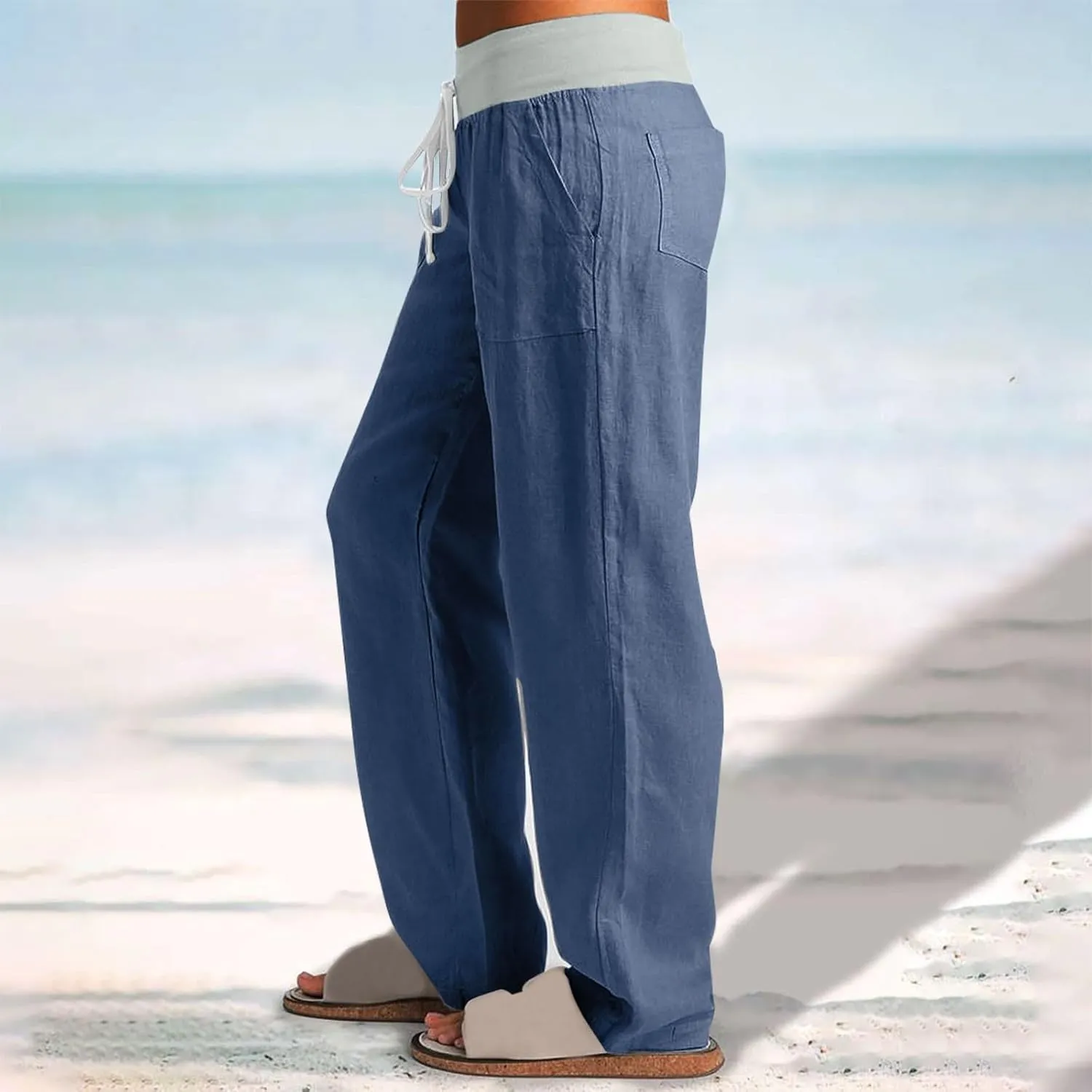 Cargo Pants Women with Flap Pockets High Waisted Side Tie Hem Straight Leg Drawstring Hiking Pants Travel Joggers
