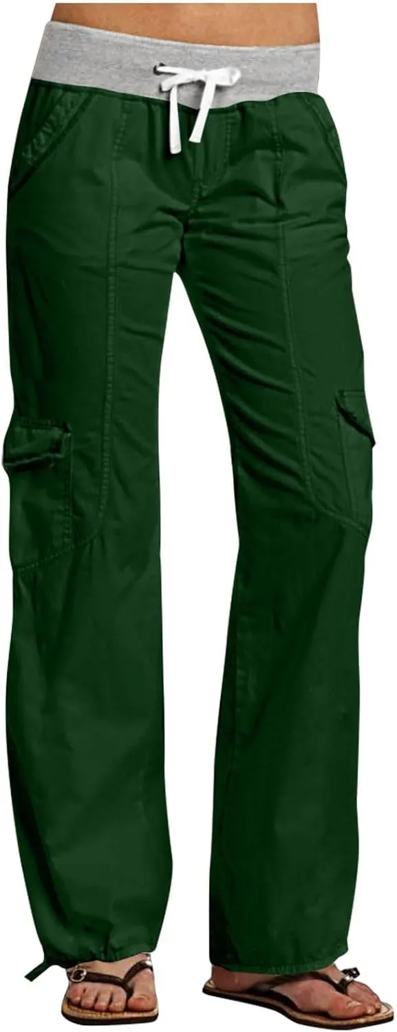 Cargo Pants Women with Flap Pockets High Waisted Side Tie Hem Straight Leg Drawstring Hiking Pants Travel Joggers