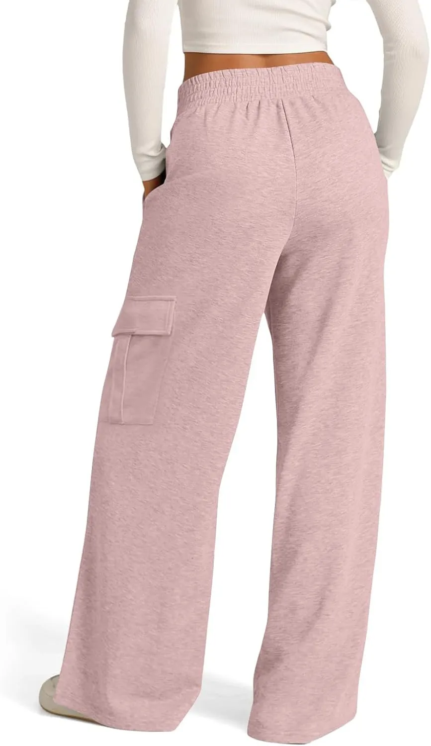 Cargo Sweatpants for Women with Pockets Crossover Baggy Wide Leg Sweatpants Athletic High Waisted Sweat Pants