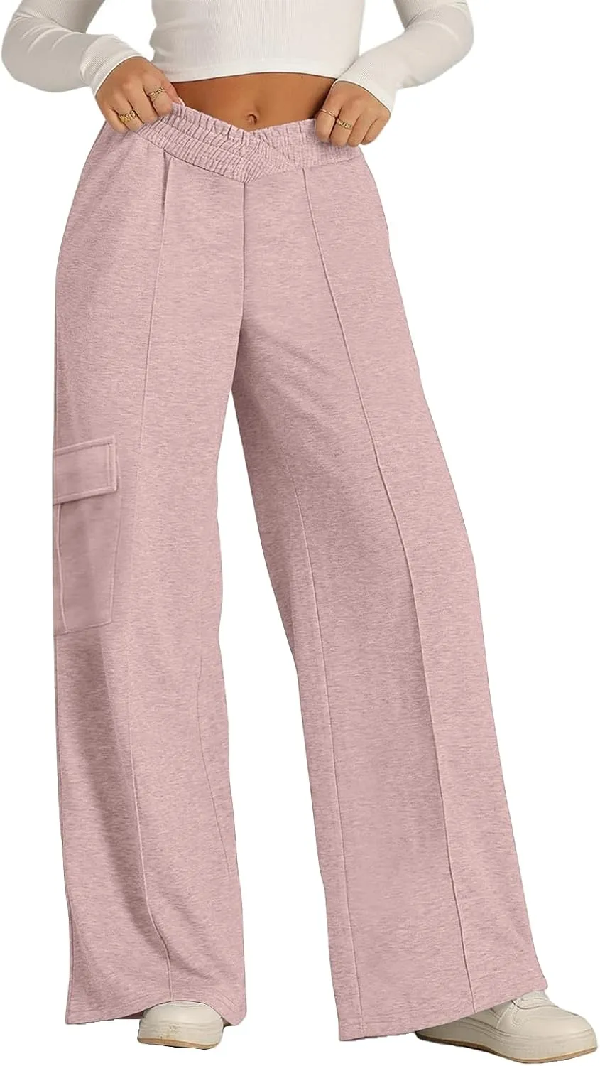 Cargo Sweatpants for Women with Pockets Crossover Baggy Wide Leg Sweatpants Athletic High Waisted Sweat Pants