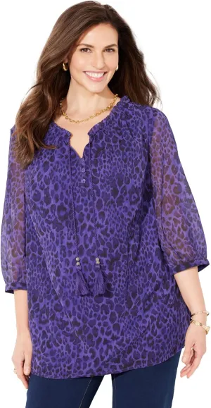 Catherines Women's Plus Size Petite Ruffle Neck Peasant Blouse