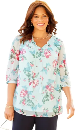 Catherines Women's Plus Size Petite Ruffle Neck Peasant Blouse