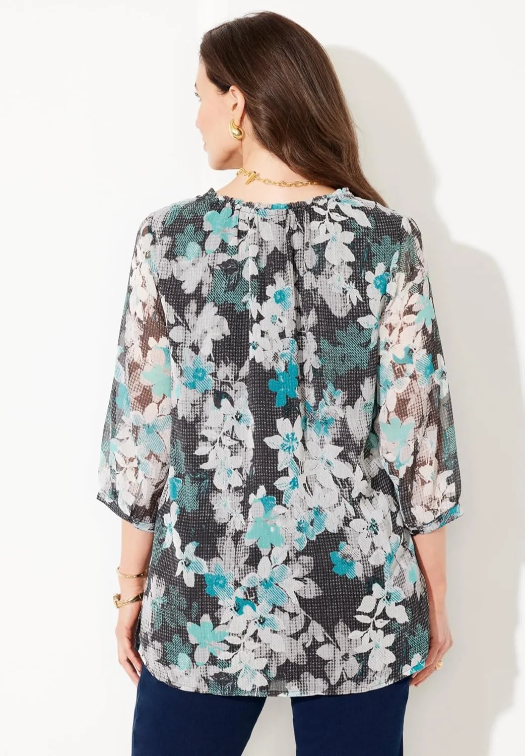 Catherines Women's Plus Size Petite Ruffle Neck Peasant Blouse