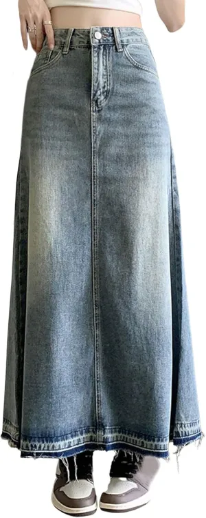 CHARTOU Petite Skirt for Women Jean Skirt Long Maxi Denim Skirt High Waisted Distressed Frayed A Line Skirt