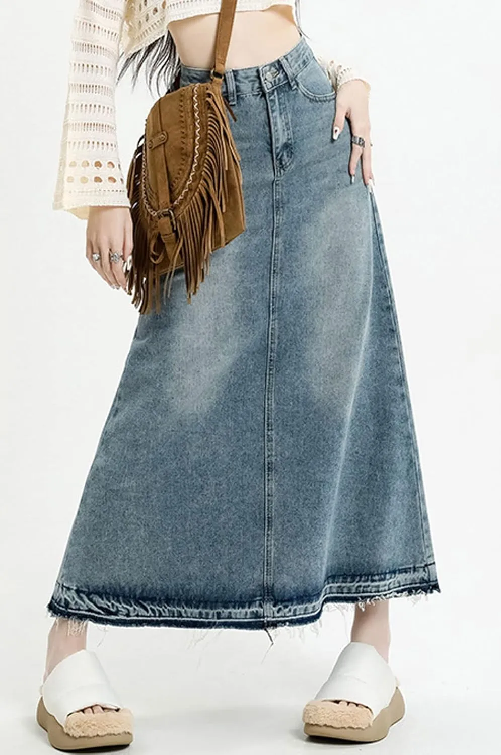 CHARTOU Petite Skirt for Women Jean Skirt Long Maxi Denim Skirt High Waisted Distressed Frayed A Line Skirt