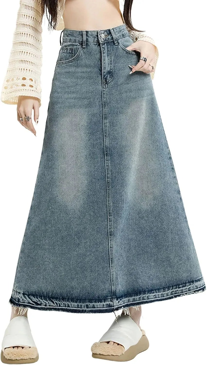 CHARTOU Petite Skirt for Women Jean Skirt Long Maxi Denim Skirt High Waisted Distressed Frayed A Line Skirt