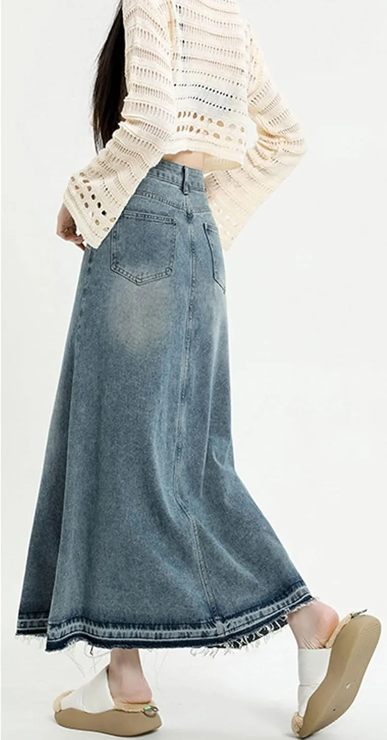 CHARTOU Petite Skirt for Women Jean Skirt Long Maxi Denim Skirt High Waisted Distressed Frayed A Line Skirt
