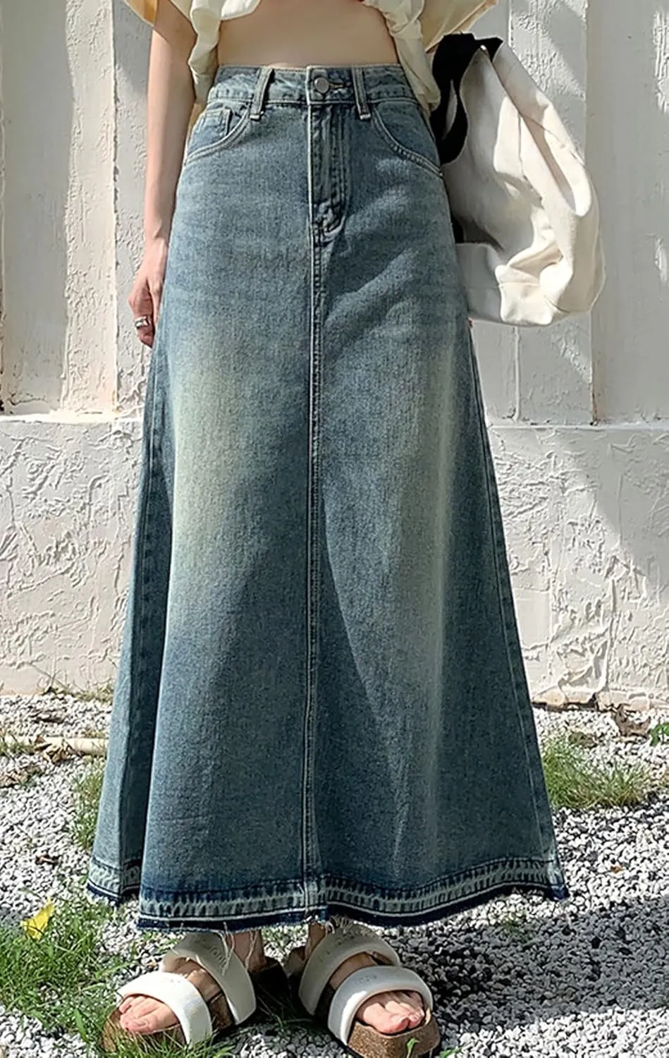 CHARTOU Petite Skirt for Women Jean Skirt Long Maxi Denim Skirt High Waisted Distressed Frayed A Line Skirt