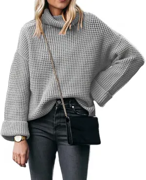 CHARTOU Women Chunky Turtleneck Waffle Knit Sweater Top Pullover Knitted Long Sleeve Jumper Oversized