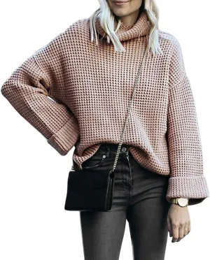 CHARTOU Women Chunky Turtleneck Waffle Knit Sweater Top Pullover Knitted Long Sleeve Jumper Oversized