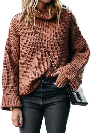 CHARTOU Women Chunky Turtleneck Waffle Knit Sweater Top Pullover Knitted Long Sleeve Jumper Oversized