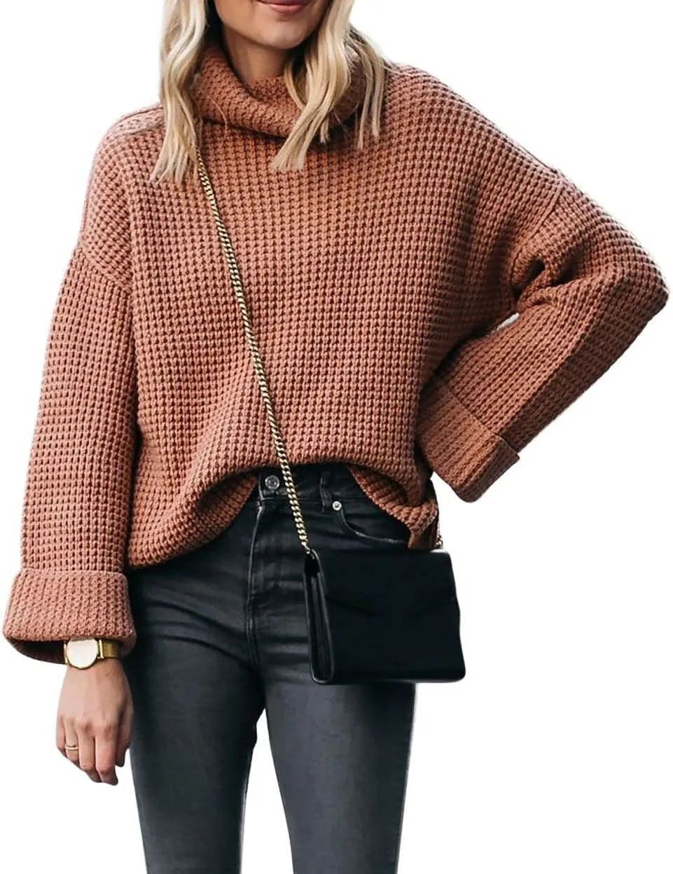 CHARTOU Women Chunky Turtleneck Waffle Knit Sweater Top Pullover Knitted Long Sleeve Jumper Oversized