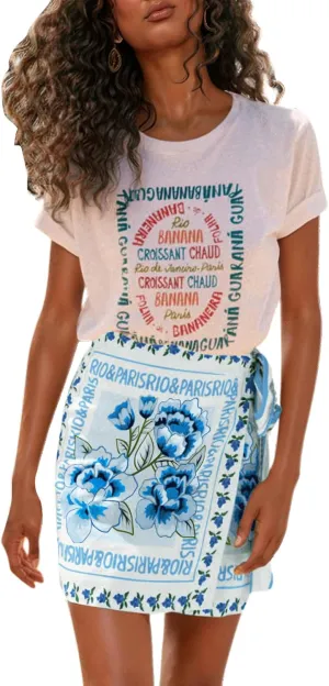 CHARTOU Women's Summer Floral Print Wrap Short Skirt Knot Side High Waist A Line Beach Mini Skirt