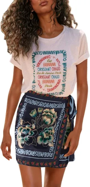 CHARTOU Women's Summer Floral Print Wrap Short Skirt Knot Side High Waist A Line Beach Mini Skirt