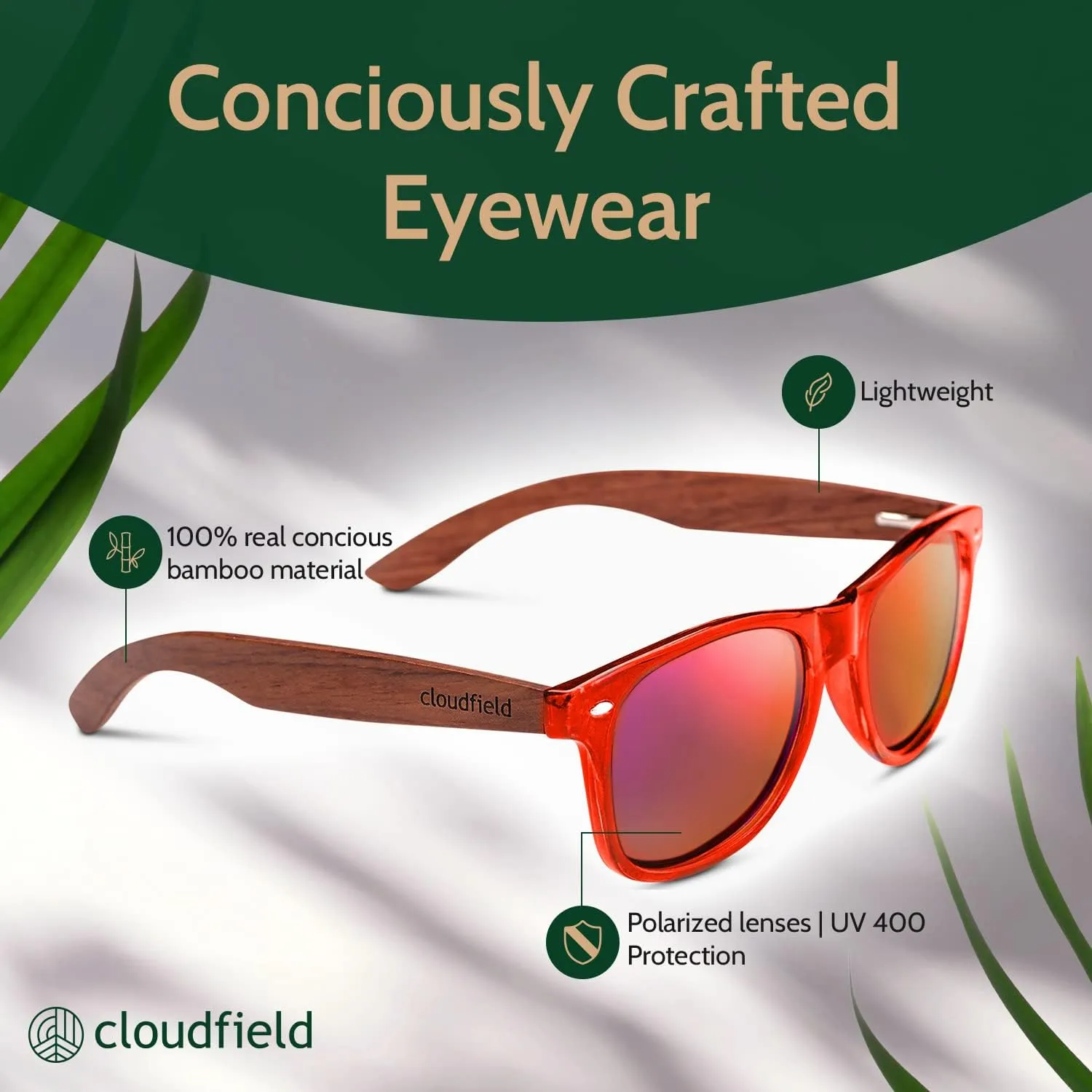 cloudfield Wood Frame Sunglasses for Men and Women with 9-Layer Polarized Lenses and Double Layer of UV Blocking Coating