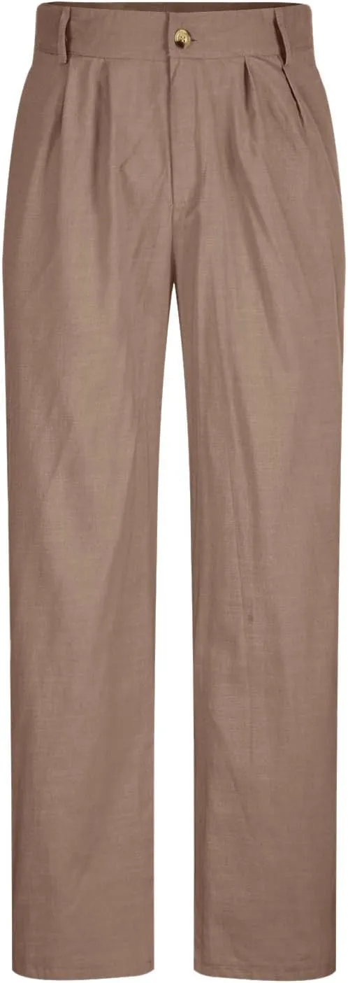 Cotton Linen Pants for Men Pleated Front Lightweight Casual Pants Straight Leg Suit Office Trousers with Pocket