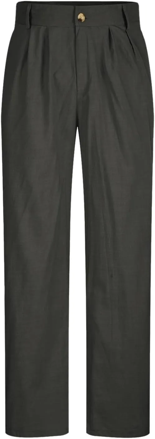 Cotton Linen Pants for Men Pleated Front Lightweight Casual Pants Straight Leg Suit Office Trousers with Pocket