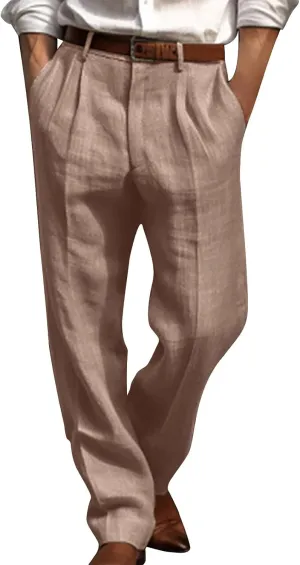 Cotton Linen Pants for Men Pleated Front Lightweight Casual Pants Straight Leg Suit Office Trousers with Pocket