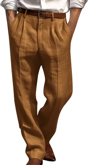 Cotton Linen Pants for Men Pleated Front Lightweight Casual Pants Straight Leg Suit Office Trousers with Pocket