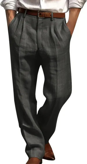 Cotton Linen Pants for Men Pleated Front Lightweight Casual Pants Straight Leg Suit Office Trousers with Pocket