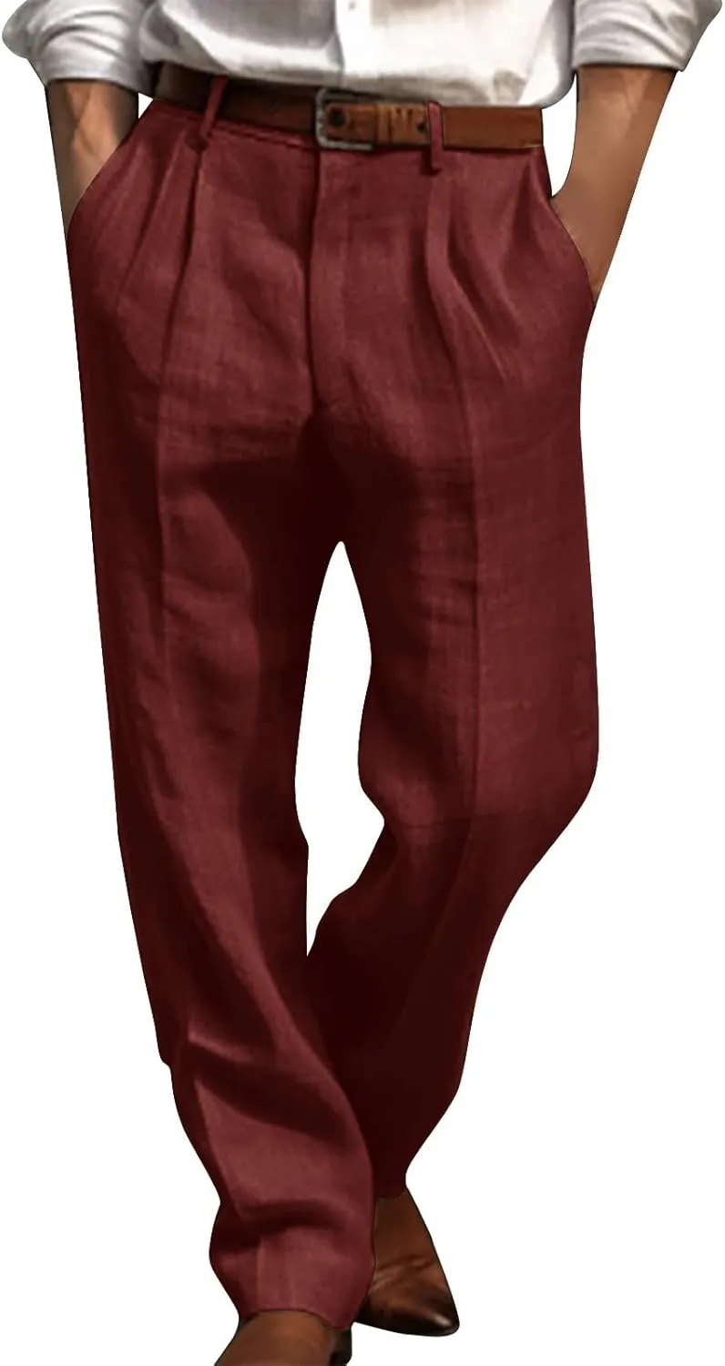 Cotton Linen Pants for Men Pleated Front Lightweight Casual Pants Straight Leg Suit Office Trousers with Pocket