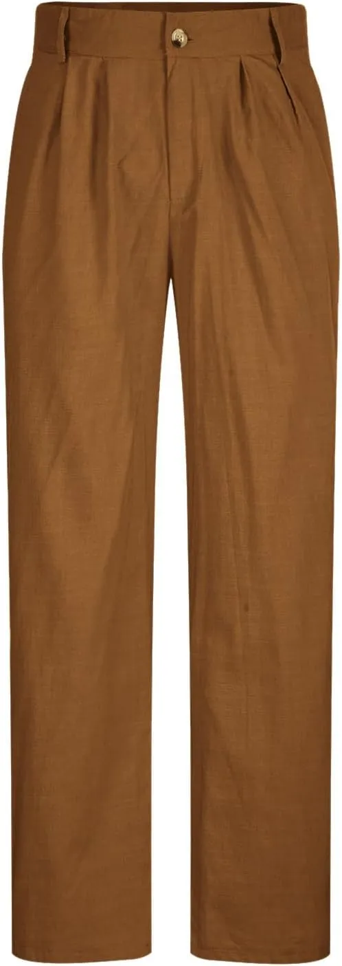 Cotton Linen Pants for Men Pleated Front Lightweight Casual Pants Straight Leg Suit Office Trousers with Pocket