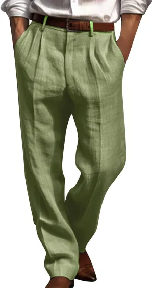 Cotton Linen Pants for Men Pleated Front Lightweight Casual Pants Straight Leg Suit Office Trousers with Pocket