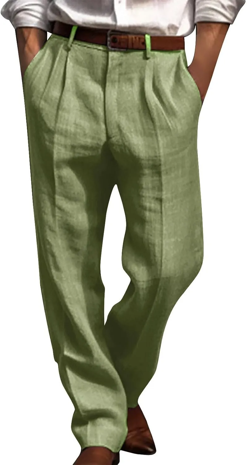 Cotton Linen Pants for Men Pleated Front Lightweight Casual Pants Straight Leg Suit Office Trousers with Pocket